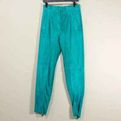 Pantalones de gamuza vintage de los años 80 de cuero genuino azul turquesa plisados cintura alta 8 Foto 1 de 4