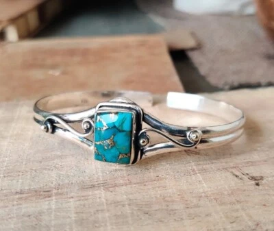 Brazalete y pulsera turquesa cobre azul, hermosos brazaletes de plata de ley 925 C Foto 1 de 4