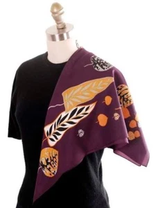 Vintage Acetate Scarf Fab Abstract Leaf Pattern Eggplant Gold Silver 1950s - Picture 1 of 5