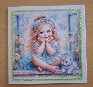 3D-Grusskarte °zauberhaftes Mädchen mit Kätzchen° Geburtstag Handarbeit NEU - Bild 1 von 1