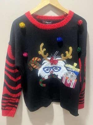 Suéter de Navidad 33 Grados Mujer L Negro Rojo Blanco Gato Gráfico Suéter Feo Foto 1 de 4