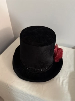 Top Hat Black velvet Embossed Red Rose Costume Sugar Skull Lace brim Halloween - Image 1 of 3