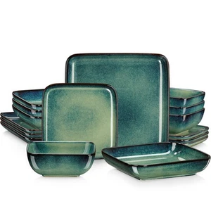 16pcs Dinner Set Green Ceramic Square Kiln Change Glaze Tableware Plates Bowls - Picture 1 of 7
