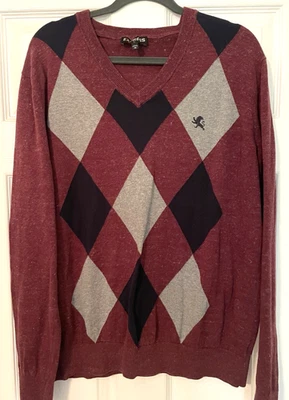 Express Sweater Mens X-Large Maroon Black Gray Argyle Diamond V-Neck Y2K Logo - Image 1 of 4