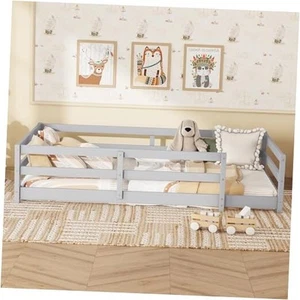 Twin Floor Bed Frame with Fence, Wood Montessori Floor Bed for Kids Boys - Picture 1 of 8