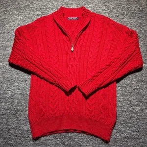 Woolovers Jumper Mens Large Red Wool 1/4 Zip Chunky Cable Knit Sweater Aran - Picture 1 of 12