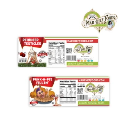 MAD CHEF FOODS FUNNY CHRISTMAS Reindeer Testicle & Punk N Pie Fillin Can Label STUFFER Gag Gift