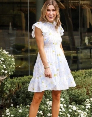 NEW J.Marie Smocked Mini Dress Blue White Yellow Flutter Sleeve Womens XS NWT - Image 1 of 4