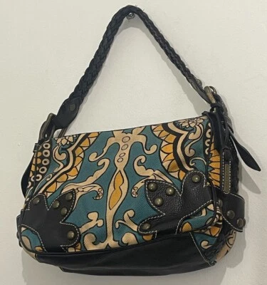 Isabella Fiore Canvas Multi Colored Black Studded Leather Hobo Bag Preowned - Image 1 of 4