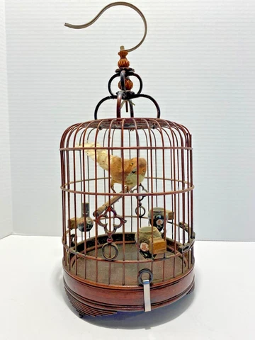 VTG Asian Bamboo Bird Cage ~ Blue Floral Ceramic Feeder/Water Bowls Cover