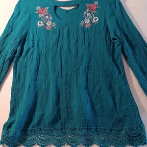 Beautees Girls size XL (14) shirt Teal long Sleeve, Embroidered, BOHO - Picture 1 of 8