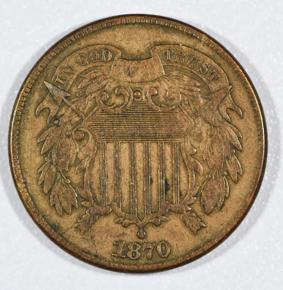 1870-P "Union Shield" Two-Cent Copper Coin, Very Fine - Image 1 of 2