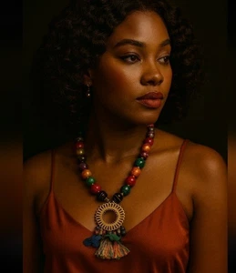 VINTAGE 1970s Runway HANDPAINTED Wooden Bead Statement Pendant Necklace Bold Boh - Picture 1 of 12