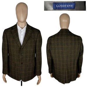 Lands End Brown Herringbone Check Flannel Tweed Lambswool Sport Coat 40S - Picture 1 of 9