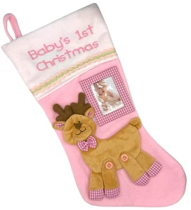 Baby’s 1st Christmas Stocking Pink Reindeer Plush Photo Frame 16” Holiday Decor - Picture 1 of 4