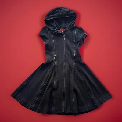 RARE Junior Gaultier SZ 7-8 Girls Black Hoodie Zipper Twirl Dress Designer - Image 1 of 4