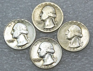 1939-D, 1950, 1951, 1958-D Washington Silver Quarter lot of 4 coins #H134 - Picture 1 of 2