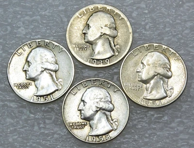 1939-D, 1950, 1951, 1958-D  Washington Silver Quarter lot of 4 coins #H134 - Image 1 of 2