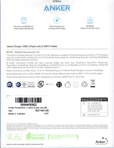 ANKER A2149 20W USB-C CHARGER BLOCK W/6' CABLE (2-PACK) WHITE - NEW! - Picture 1 of 2