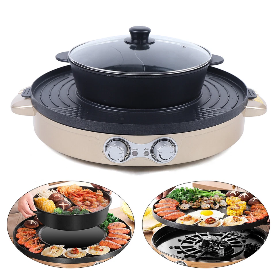 2 in1 Multifunction Hot Pot BBQ Double Electric Skillet Smokeless Non Stick DE - Image 1 of 4