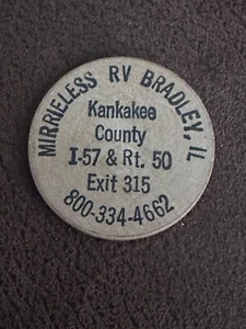 Collectible Vintage 1988 Mirrieless RV Bradley, IL Kankakee County Wooden Nickel - Picture 1 of 3