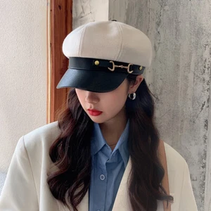 Beret Women's Wild Leather Buckle Octagonal Cap Retro Painter Newsboy Hat Girls - Picture 1 of 15
