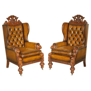 HUGE PAIR OF ANTIQUE VICTORIAN LION CARVED CHESTERFIELD BROWN LEATHER ARMCHAIRS - Picture 1 of 24