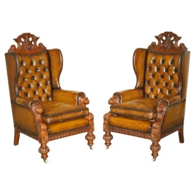 HUGE PAIR OF ANTIQUE VICTORIAN LION CARVED CHESTERFIELD BROWN LEATHER ARMCHAIRS - Image 1 of 4