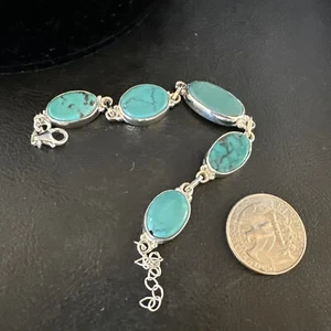 Womens Blue Turquoise Southwestern Sterling Silver Link Bracelet 8" 15471 - Picture 1 of 13