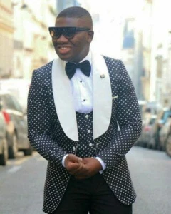 Traje de hombre azul marino con lunares blazer chal solapa graduación novio esmoquin traje de boda - Imagen 1 de 8