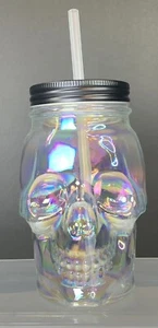 18oz Glass Skull Mason Jar 5.75” Iridescent Clear With Lid And Straw Halloween - Picture 1 of 2