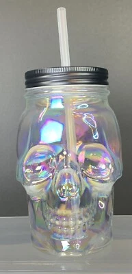 "Frasco de albañil calavera de vidrio de 18 oz 5,75"" iridiscente transparente con tapa y pajita Halloween" Foto 1 de 2
