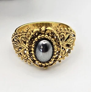 VTG Victorian Revival Gold-Tone Ring Hematite Cabochon Floral Cutout Adjustable - Picture 1 of 6