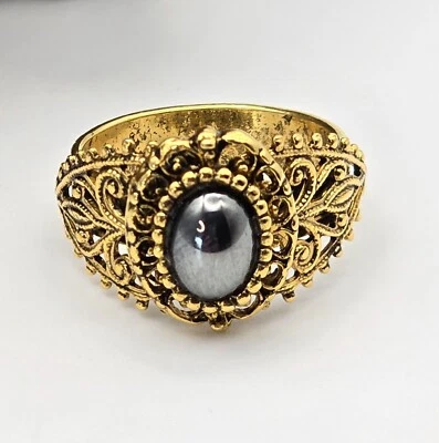 Anillo Vintage Renacimiento Victoriano Tono Dorado Hematita Cabujón Floral Recorte Ajustable Foto 1 de 4