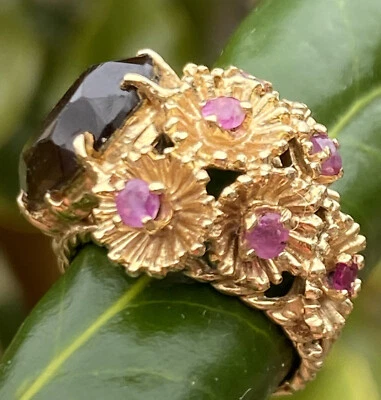 14K Yellow Gold Smoky Quartz Ruby Vintage Ring Estate Fine Jewelry Pre-Owned 5 - Image 1 of 4