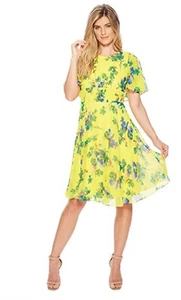 Calvin Klein Womens Floral Print Flutter Sleeve Aline Chiffon Dress Canary Sz  2 - Picture 1 of 4