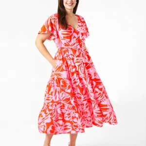 BOHO AUSTRALIA LADIES FOLEY MIDI DRESS - RED PINK FLORAL -SIZE S-XL (SIZE 22) - Picture 1 of 5