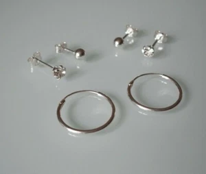 Brandneu 925 Sterling Silber Schlicht Ohrstecker, Kristall Ohrstecker & Creolen 3er Set  - Bild 1 von 5