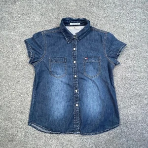 Vintage Tommy Hilfiger Shirt Girls 12 Denim Pearl Snap Flag Logo Rockabilly - Picture 1 of 10