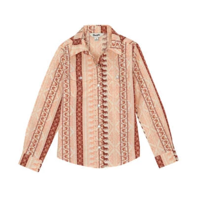 112359397 Wrangler Girls' Western Long Sleeve Snap Shirt - Pink Print Stripe NEW - Image 1 of 3