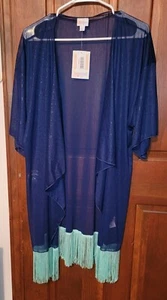 LuLaRoe Monroe Kimono dunkelblau mit mintgrünen Fransen Badeanzug Cover Up large - Bild 1 von 4
