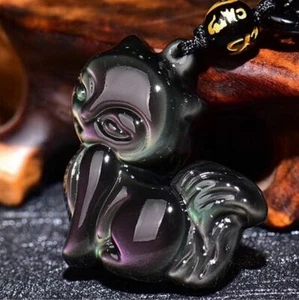 Rainbow obsidian crystal fox necklace amulet pendant with adjustable chain - Picture 1 of 6