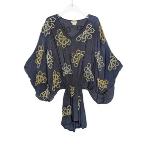 Boyod Blue Kimono Sleeve Beaded Blouse V-Neck Elastic Waist Peplum Art Deco M - Picture 1 of 9