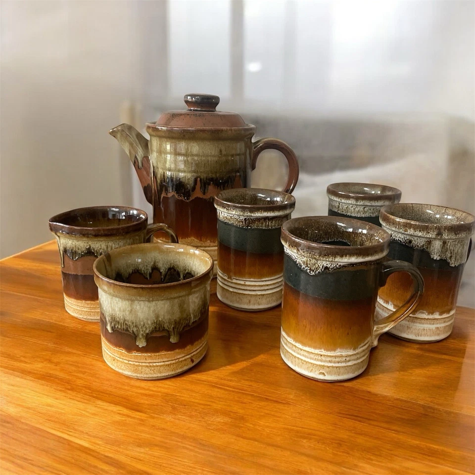 Vintage 1970s Ashdale Pottery Tea / Coffee Pot, Sugar Bowl, Milk Jug & 4 Mugs - Image 1 of 4