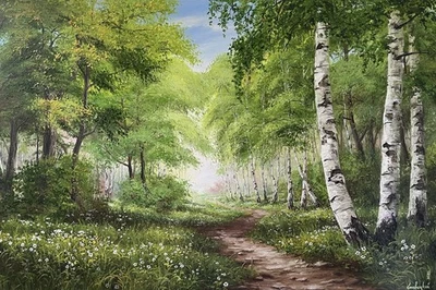 Summer birch groove and flowers meadow original oil painting, Colorful juicy art - Image 1 of 4