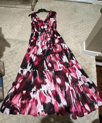 DKNY Multicolor Drawstring Sleeveless Tiered Sheer Maxi Dress. Sz M. NWT! - Image 1 of 4