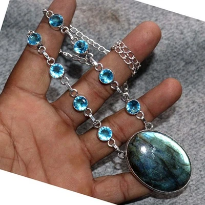 Exclusive Fiery Labradorite Blue Topaz 925 Silver Plated Necklace 18" GW - Image 1 of 3