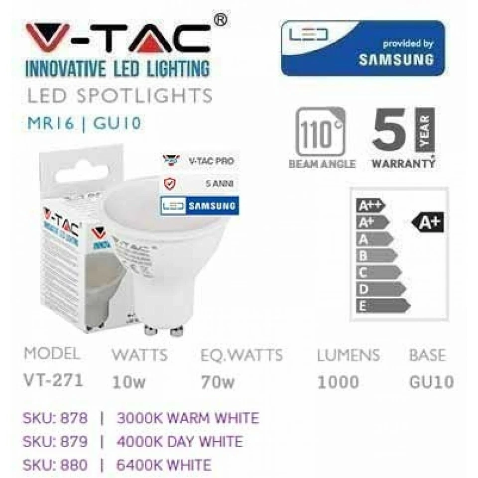 Spotlight LED Gu10 10Watt 70Watt Equivalent 3000Ã‚Â°K V-Tac Vt-271-21878