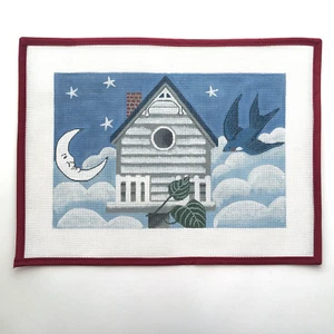 Handpainted Needlepoint Canvas Birdhouse Night Blue Moon Stars Clouds 14 Mesh - Picture 1 of 2