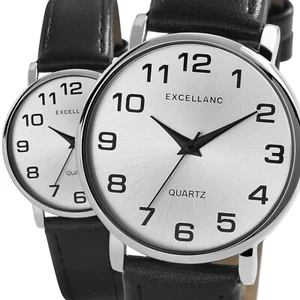 Excellanc Damenuhr Silber Schwarz Analog Kunst Leder Quarz